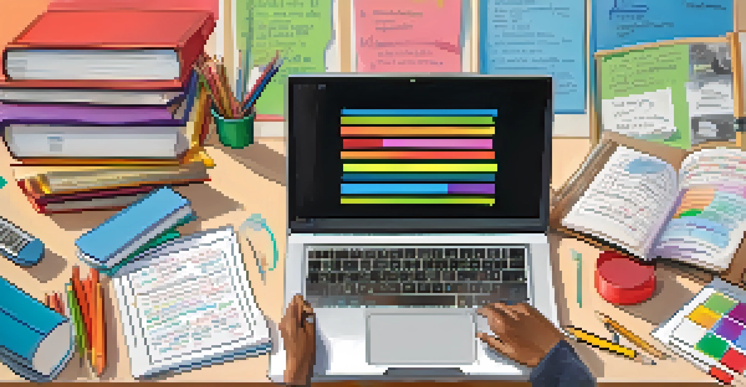A close-up of a teacher's hands typing on a laptop, surrounded by colorful educational materials and a whiteboard with notes.