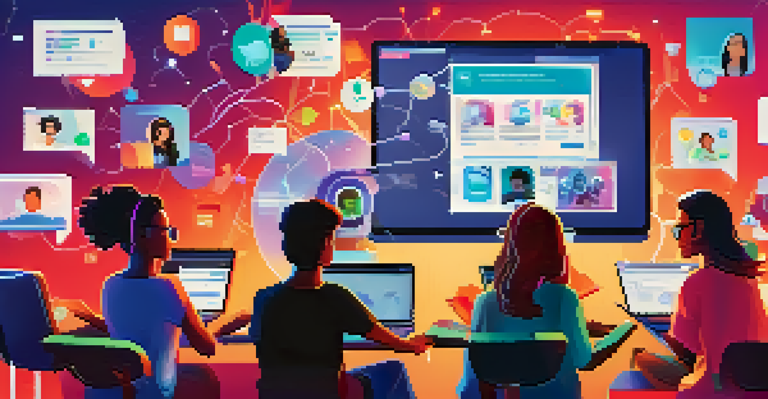 Students engaged in a virtual study session, illuminated by laptop screens, with digital icons representing knowledge in the background.