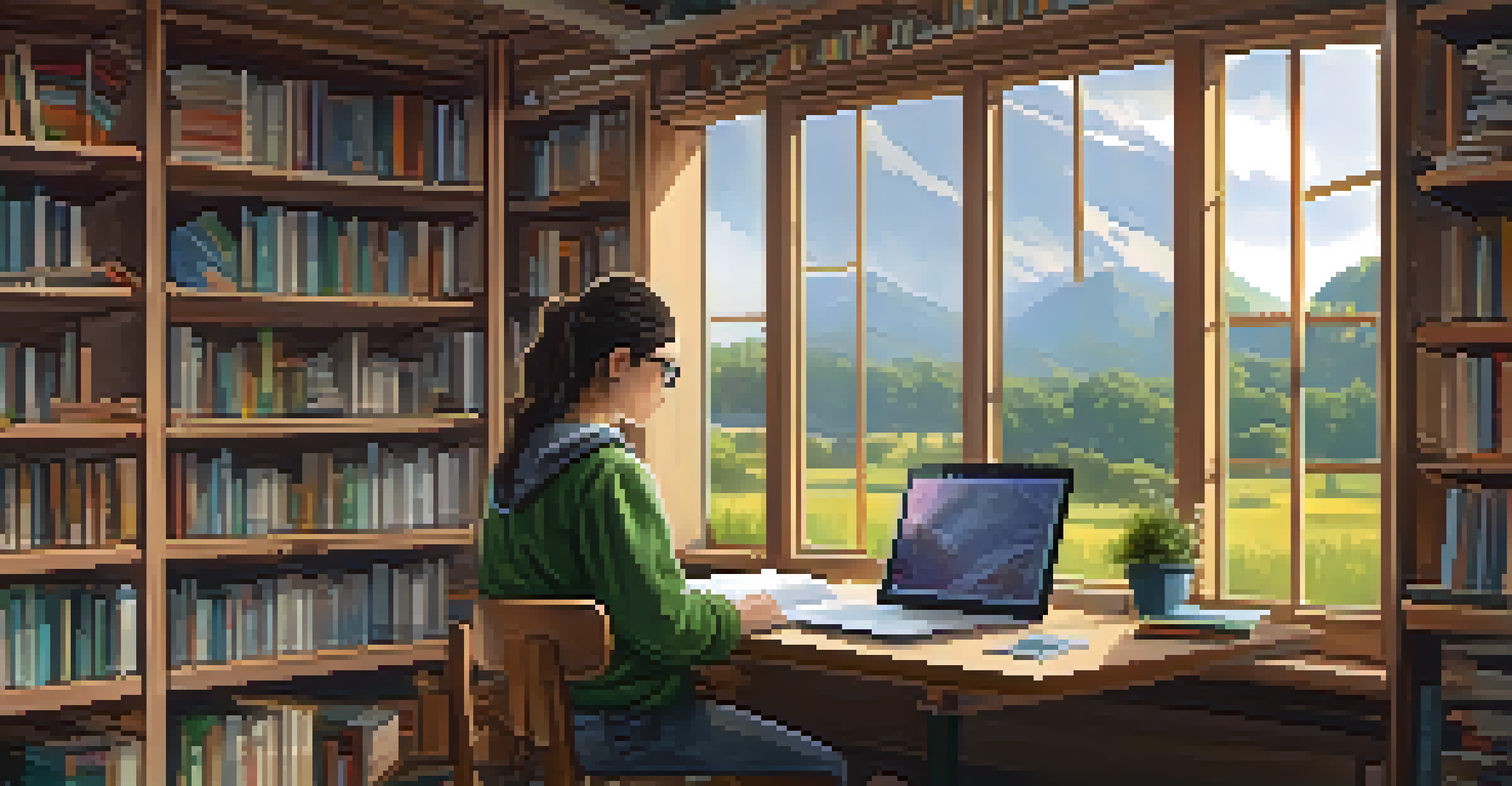 A student using a laptop for online coding in a modest room with a view of a peaceful rural landscape outside.