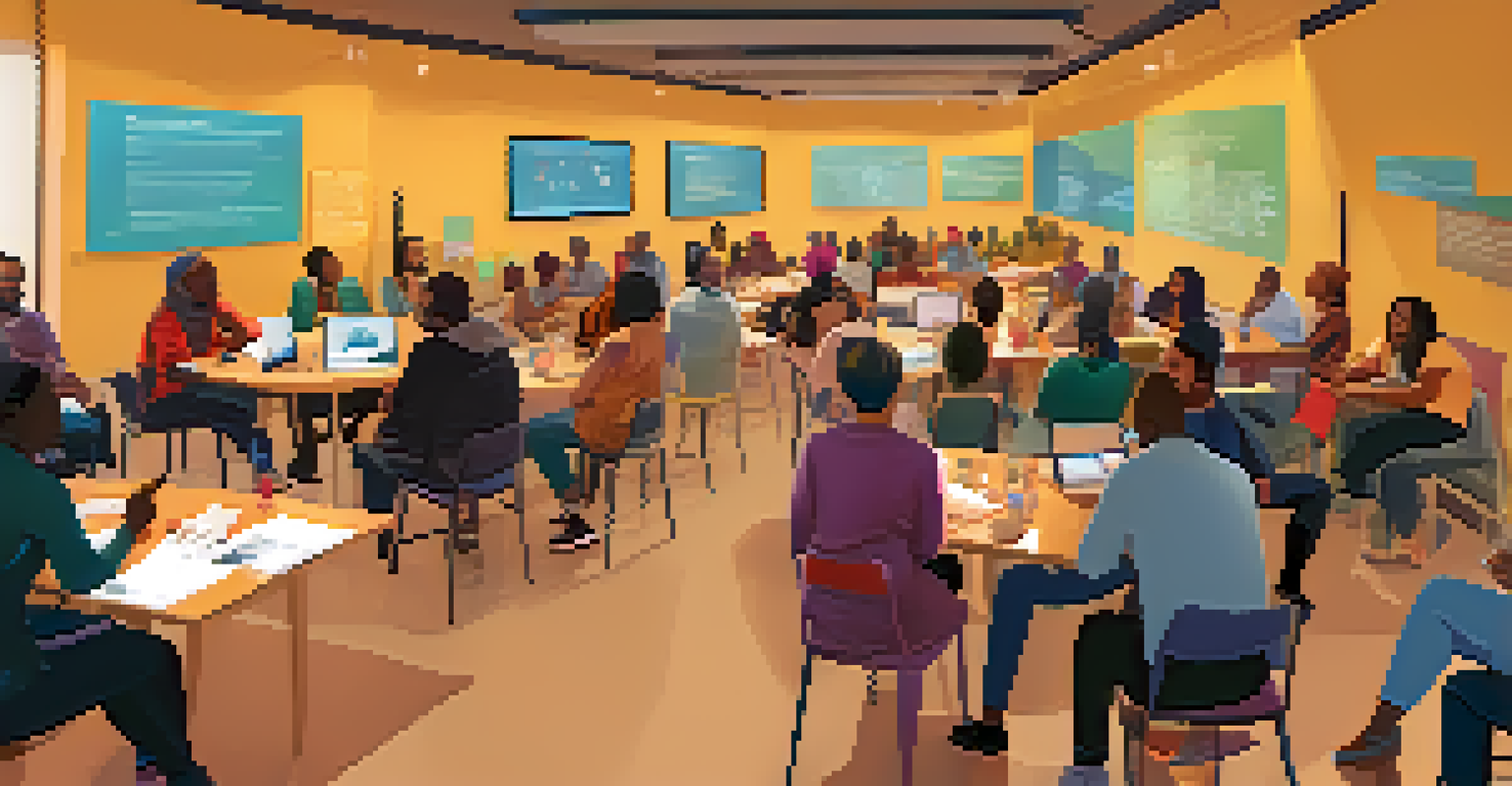 A diverse group of community members engaged in a meeting, discussing ideas with digital screens displaying data analytics, creating a collaborative atmosphere.