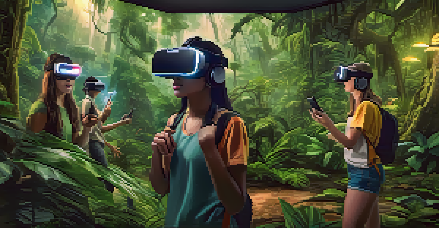 Students wearing VR headsets exploring a virtual rainforest with lush greenery and animals.