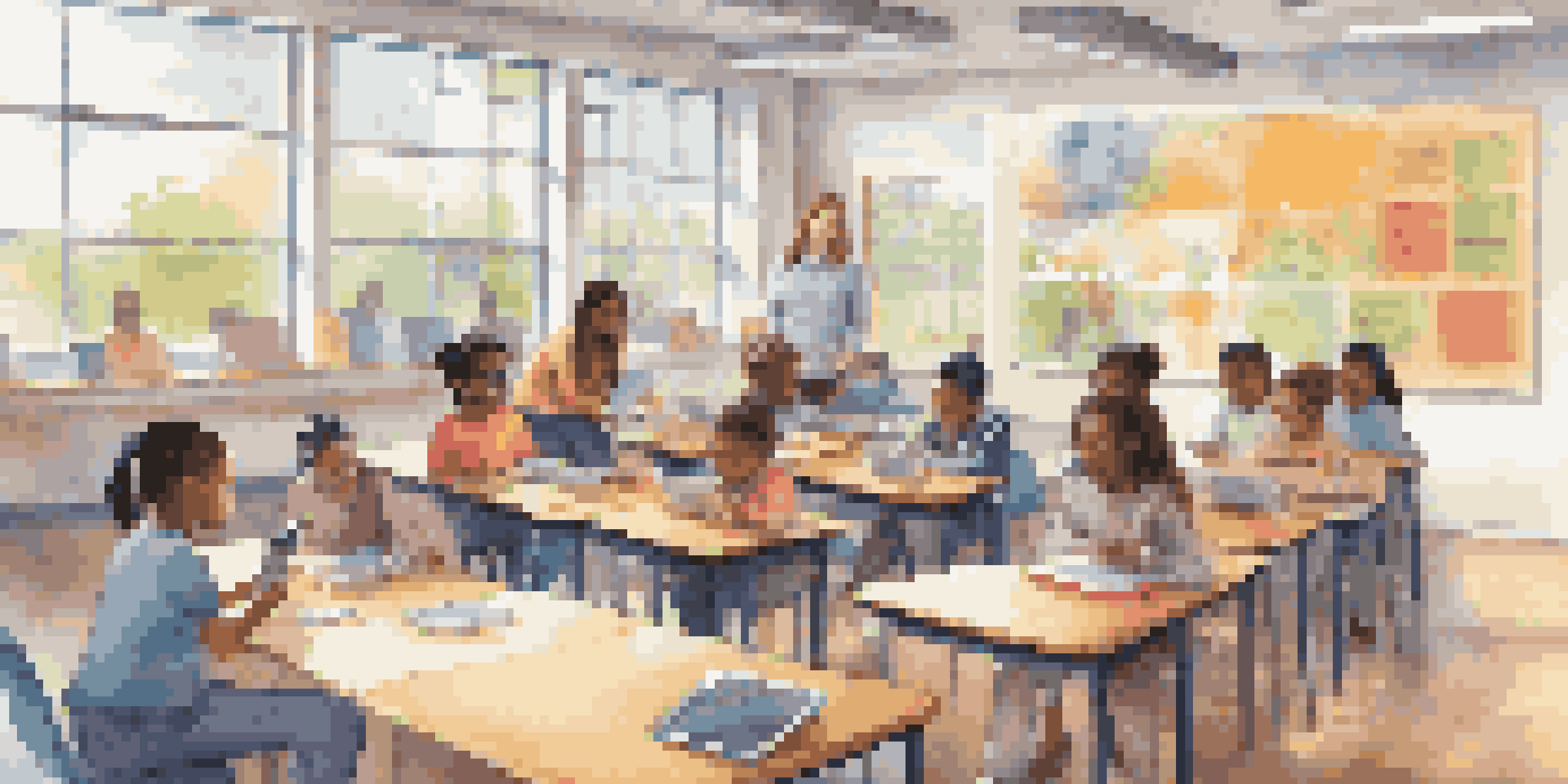 A classroom filled with students of various backgrounds using technology for learning, with a teacher guiding them.