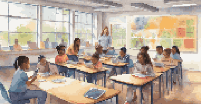 A classroom filled with students of various backgrounds using technology for learning, with a teacher guiding them.