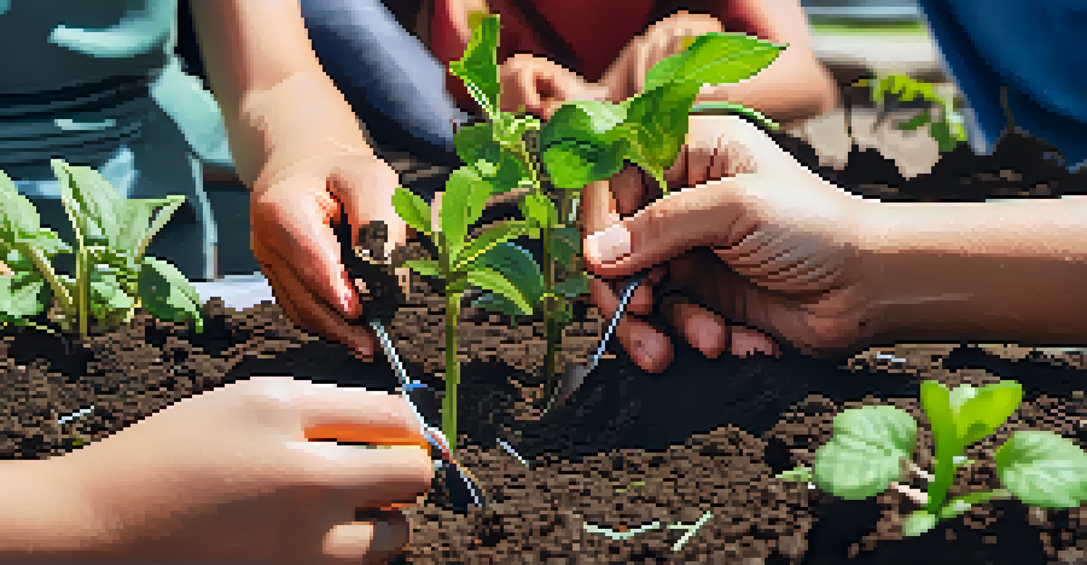 Close-up of students' hands working with soil and a seedling in a community garden.