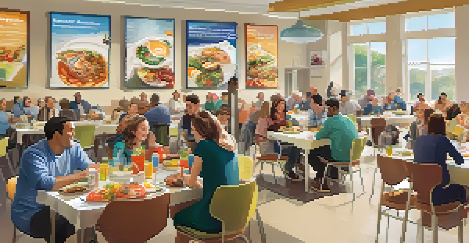 A casual lunch and learn session among nonprofit staff, sharing knowledge in a bright cafeteria.