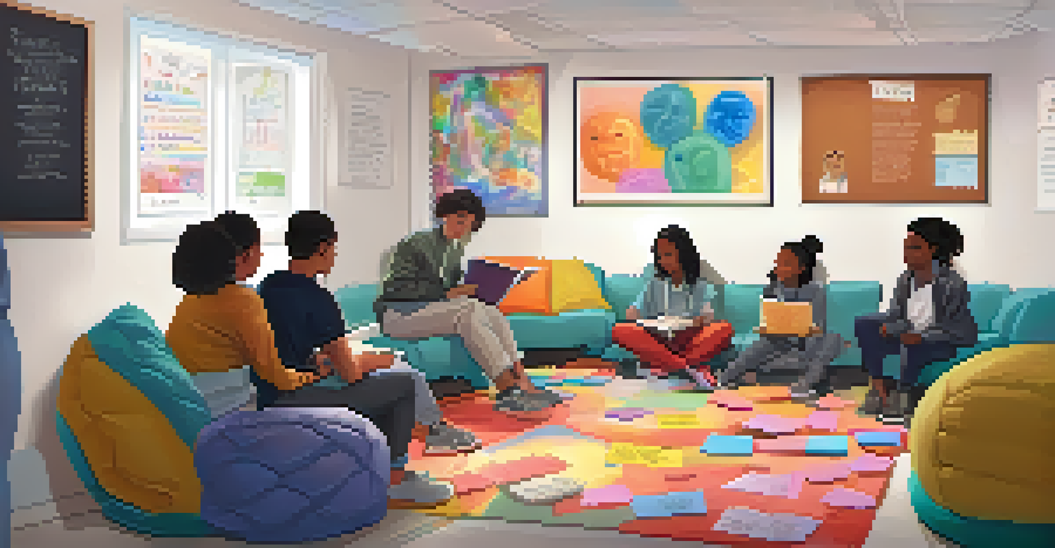 A safe space in a school with cushions and warm lighting where students are sharing their experiences with a counselor, surrounded by positive mental health messages.