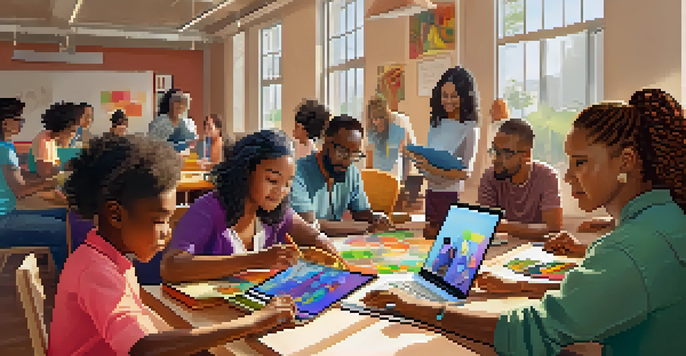 A diverse group of individuals participating in a digital skills workshop with laptops and tablets on a table in a well-lit room.