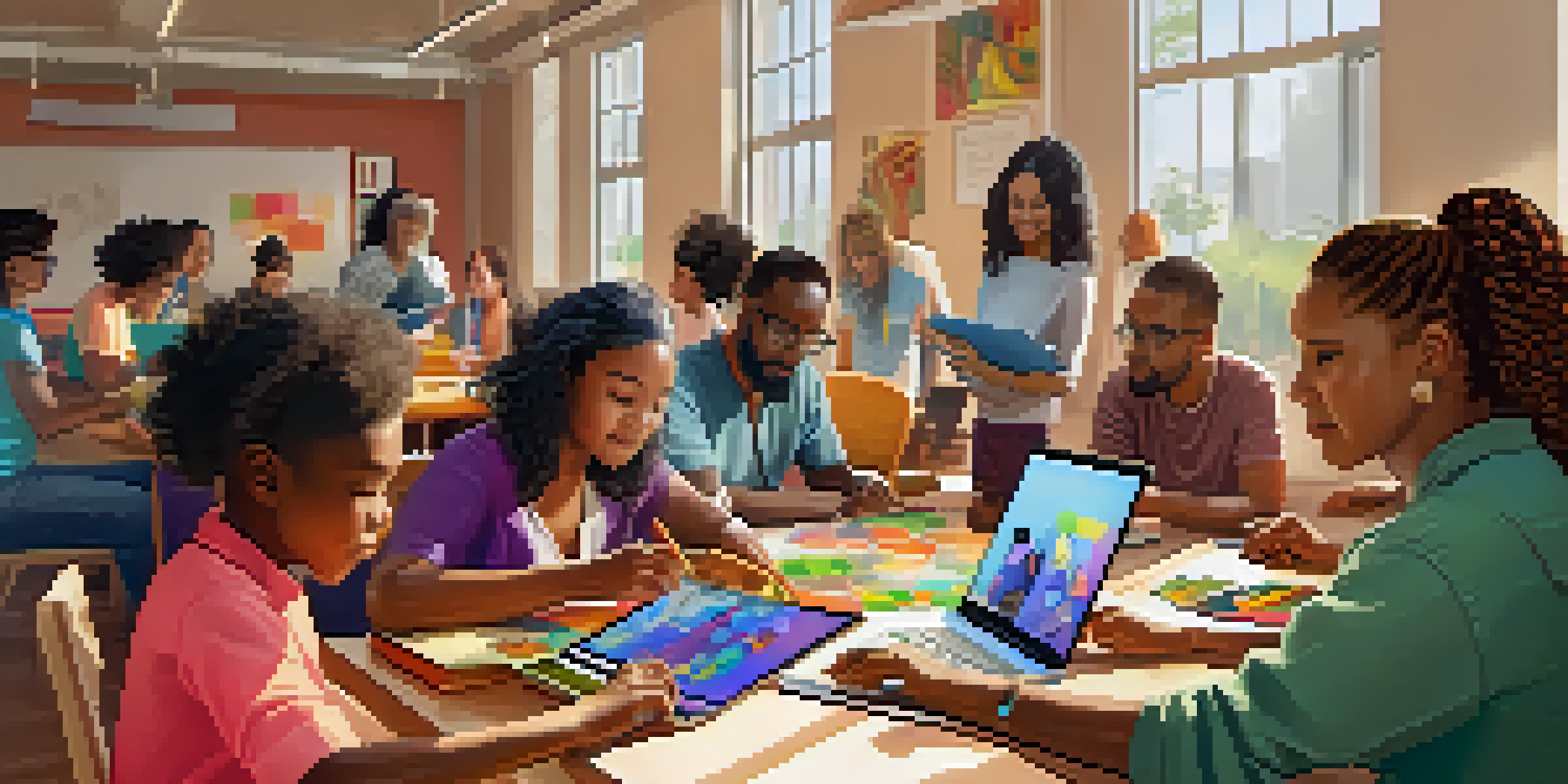A diverse group of individuals participating in a digital skills workshop with laptops and tablets on a table in a well-lit room.