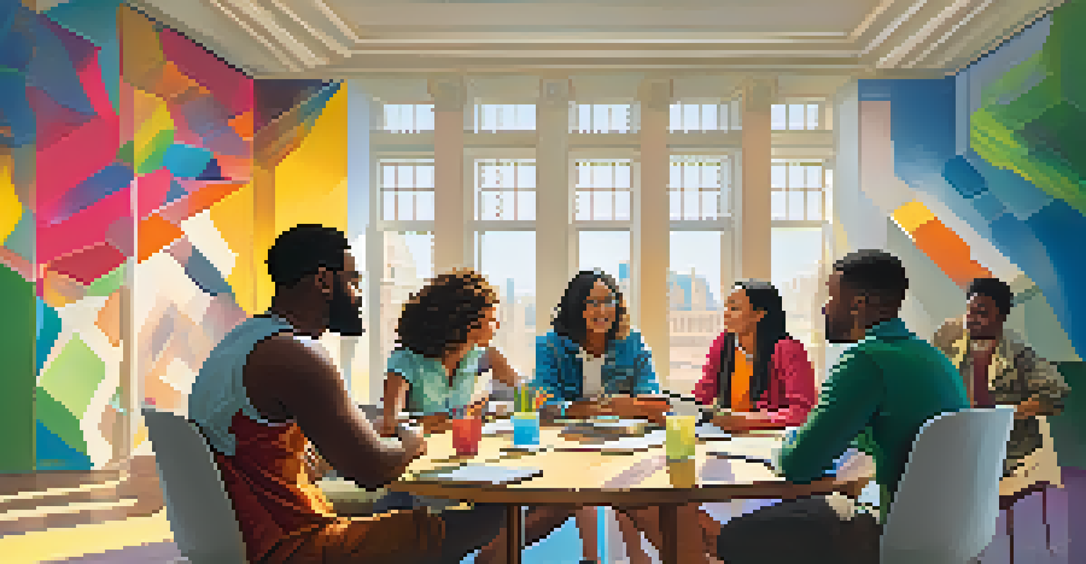 A diverse group of individuals engaged in a discussion around a table, showcasing various perspectives with notebooks and devices.