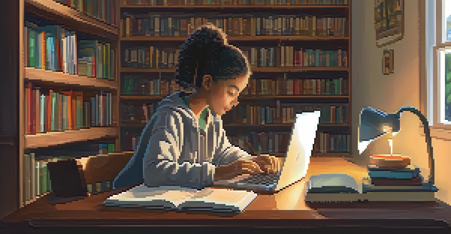 A student in a cozy study nook using a laptop for language learning, surrounded by books and a warm atmosphere.