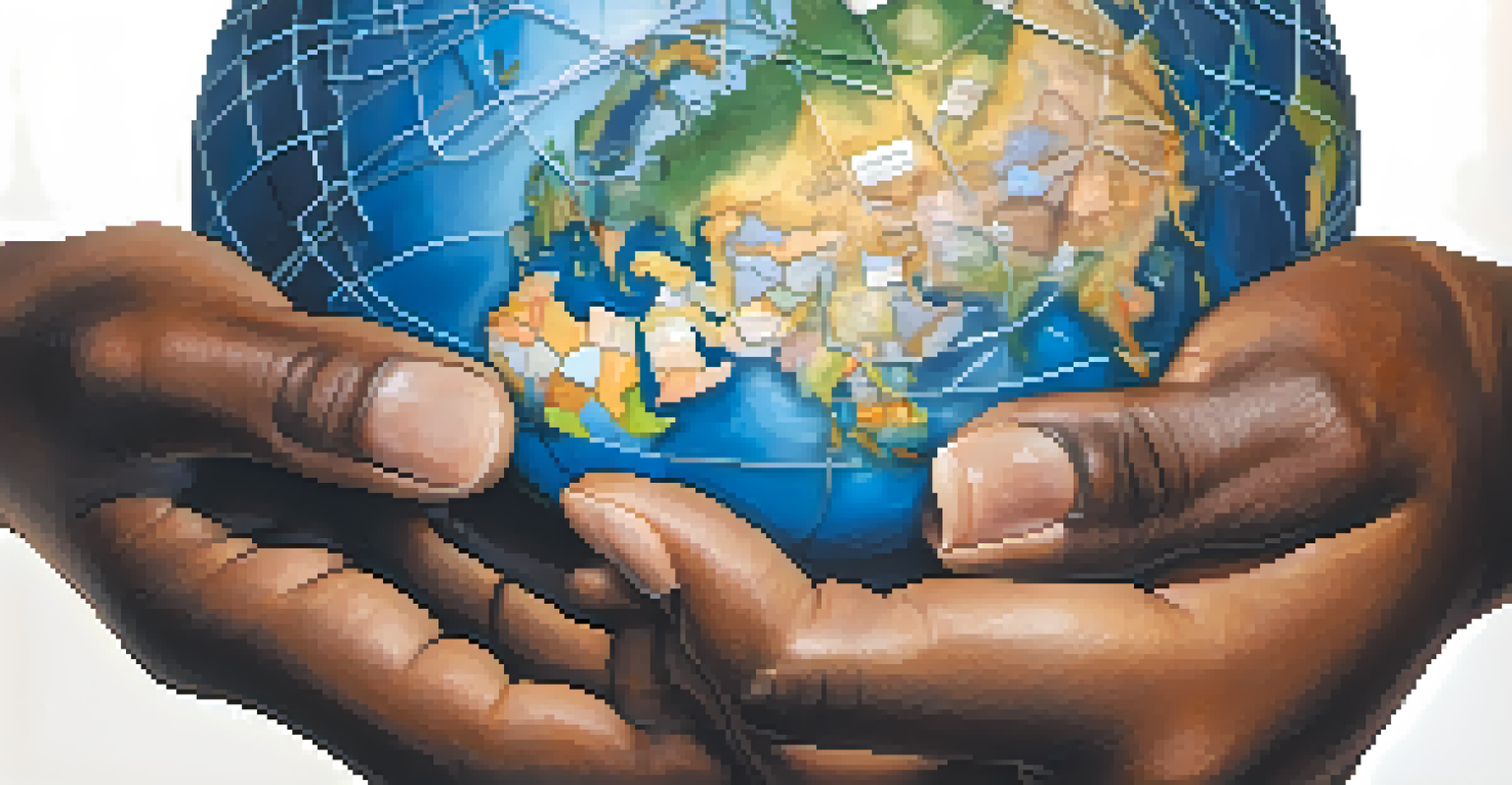 Hands of various skin tones surrounding a globe, representing global awareness and unity.