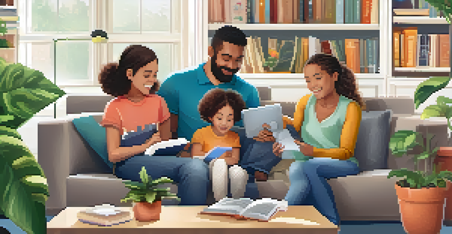 A family engaging with a tablet together in a bright living room filled with books and plants, promoting collaborative learning.