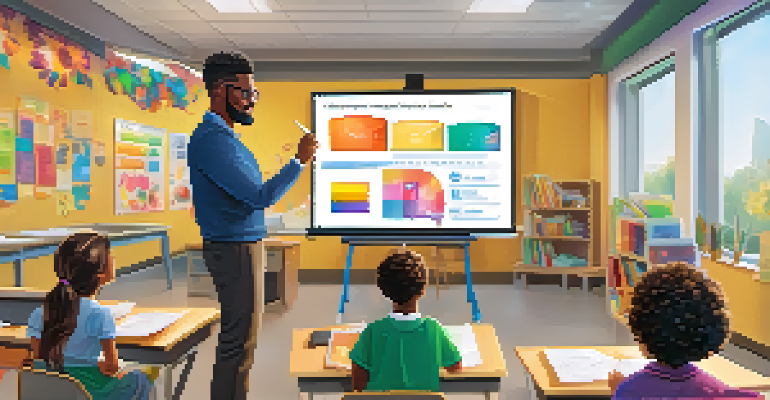 A teacher interacting with both in-person and online students in a lively classroom environment.