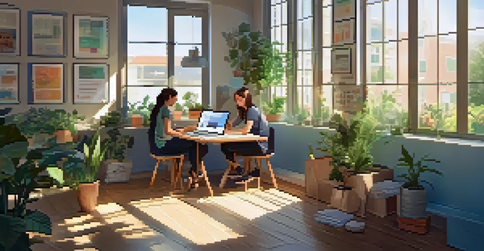 A bright and inviting online learning environment with a diverse group of students engaged in learning activities with digital devices.