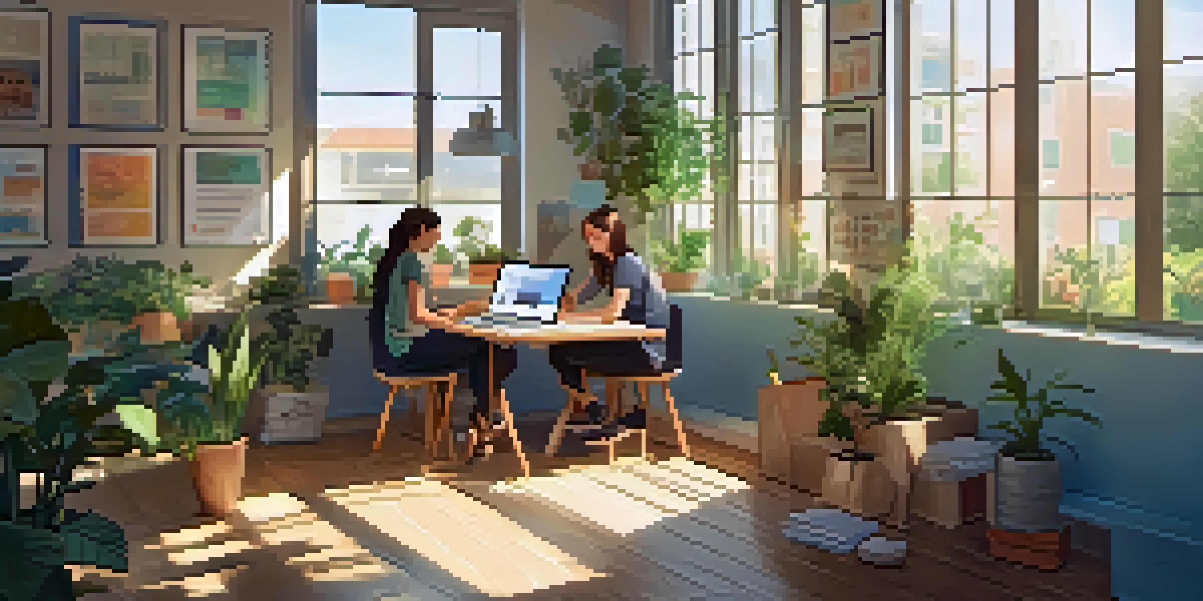 A bright and inviting online learning environment with a diverse group of students engaged in learning activities with digital devices.