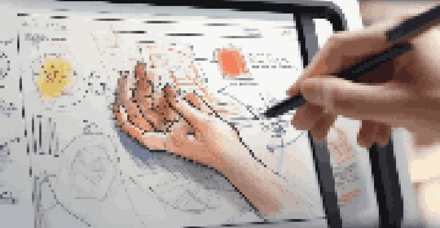 A close-up of a hand drawing on a digital whiteboard with a stylus, showcasing colorful sketches and notes.