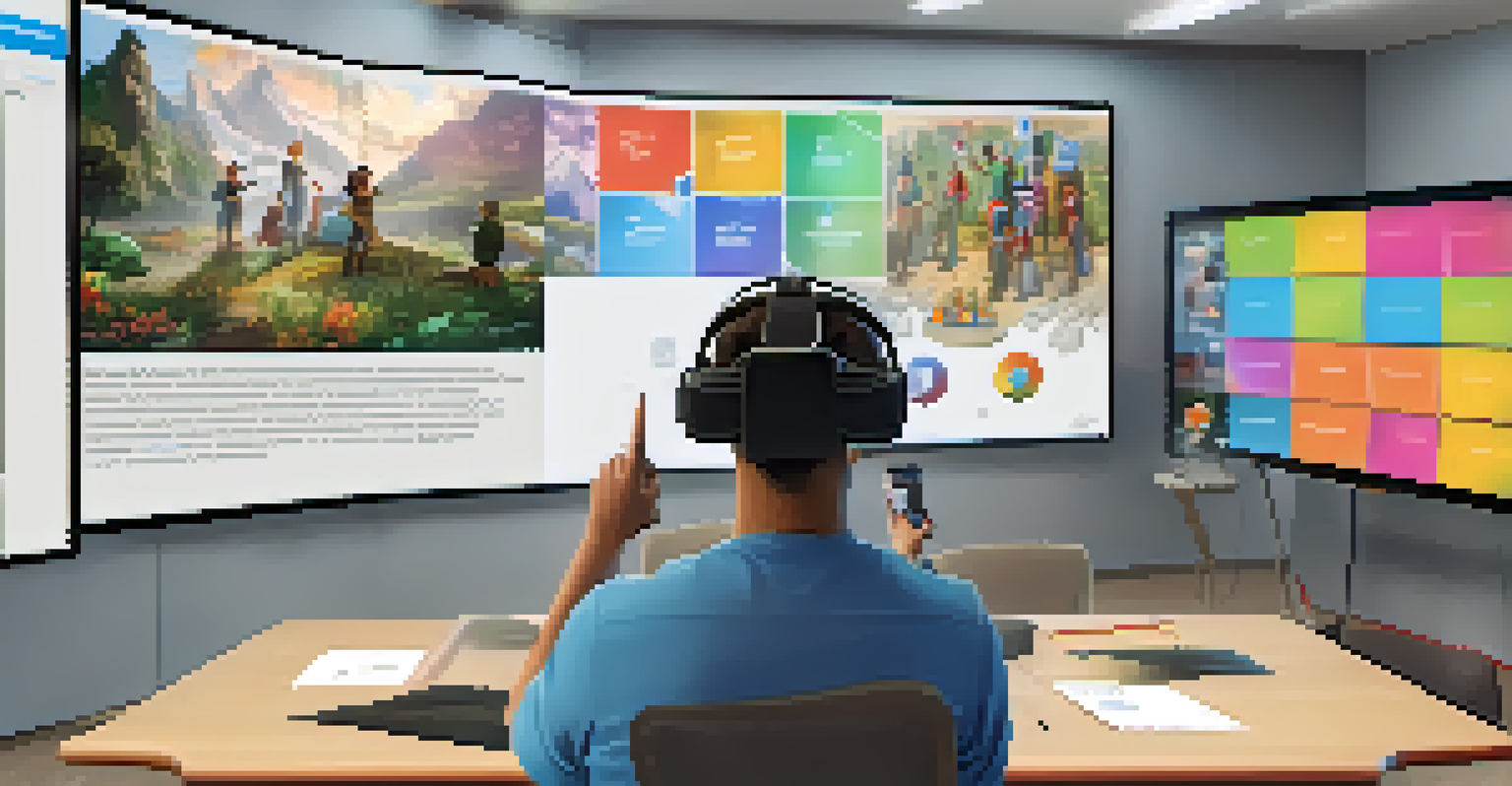An instructor guiding students in a VR learning environment, discussing simulations on a large screen.