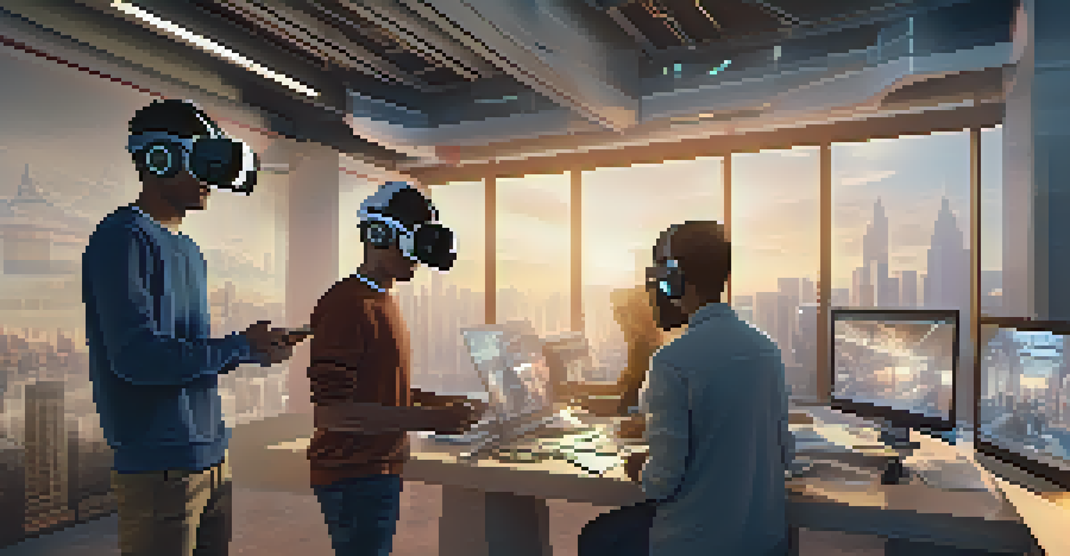 Diverse students in VR collaborating on an engineering project, manipulating 3D models in a digital space.