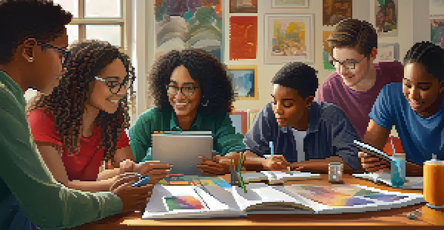 A group of diverse individuals collaborating around a table, sharing ideas with books and devices around them.
