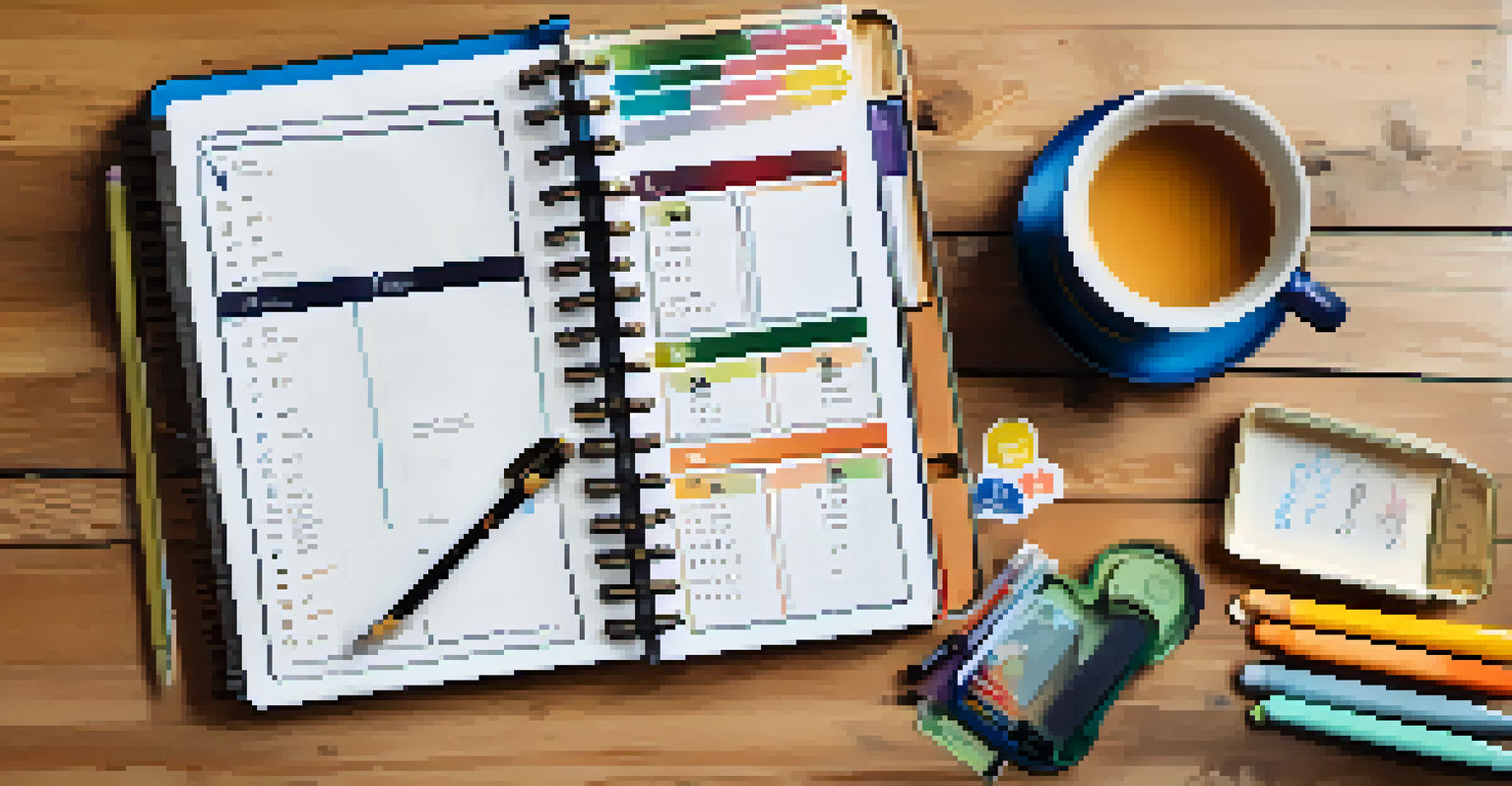 A flat lay of a study planner with pens and a cup of tea, showcasing a detailed study schedule and colorful stickers.