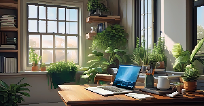 A cozy home office with a laptop, books, and a cup of coffee, illuminated by natural light from a window.