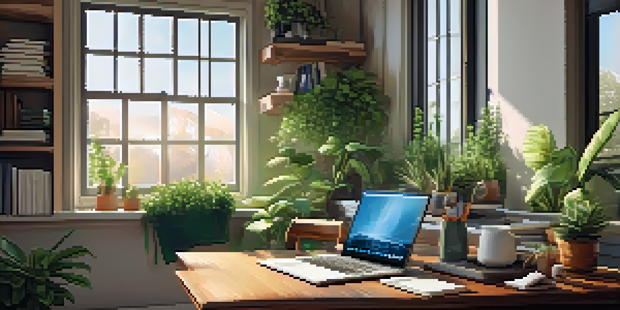 A cozy home office with a laptop, books, and a cup of coffee, illuminated by natural light from a window.