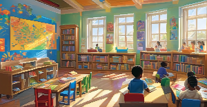 A diverse group of children happily participating in a classroom activity, surrounded by multicultural decorations and sunlight.