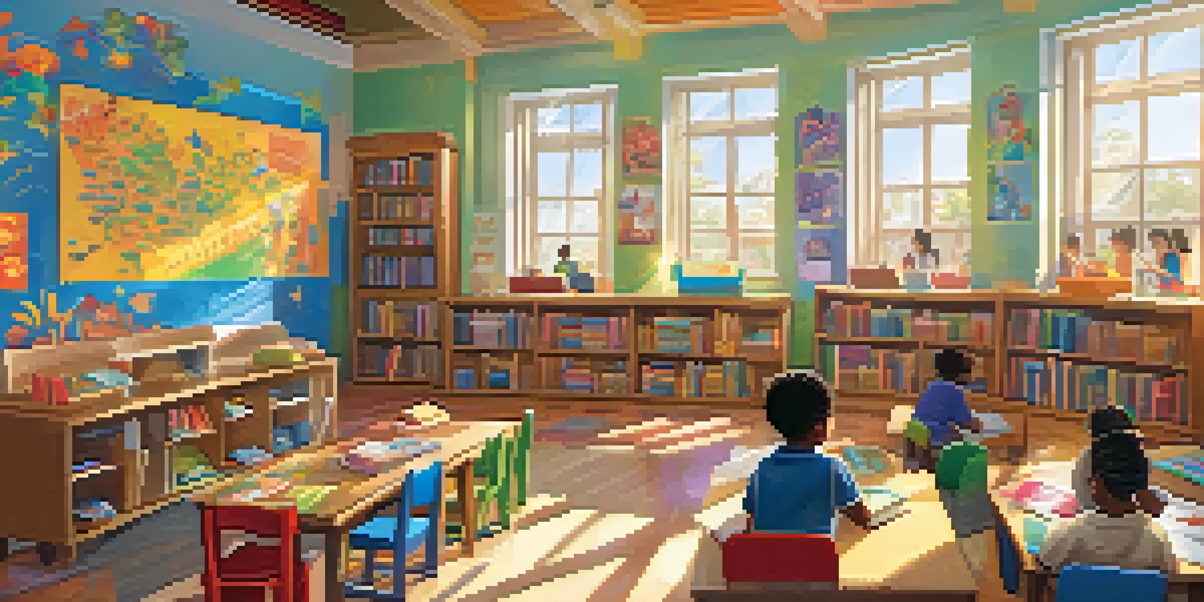 A diverse group of children happily participating in a classroom activity, surrounded by multicultural decorations and sunlight.