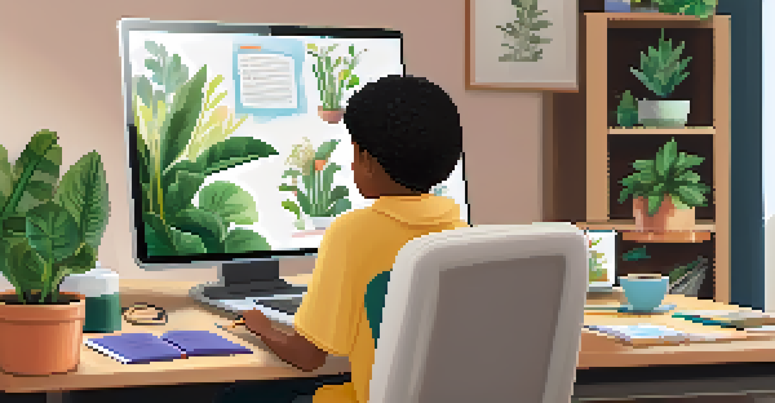 A student at home in a cozy chair engaged in an online class on a laptop, with plants and art in the background.