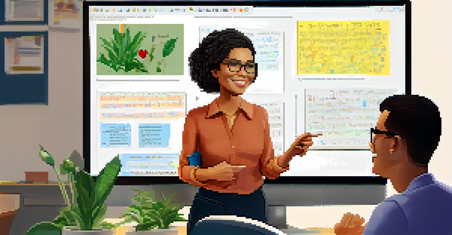 A teacher giving feedback on a student's project displayed on a computer screen, in a warm and encouraging classroom environment.