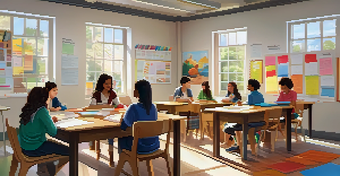 A cheerful classroom filled with students discussing and collaborating around a table, with educational posters on the walls and sunlight pouring in through windows.