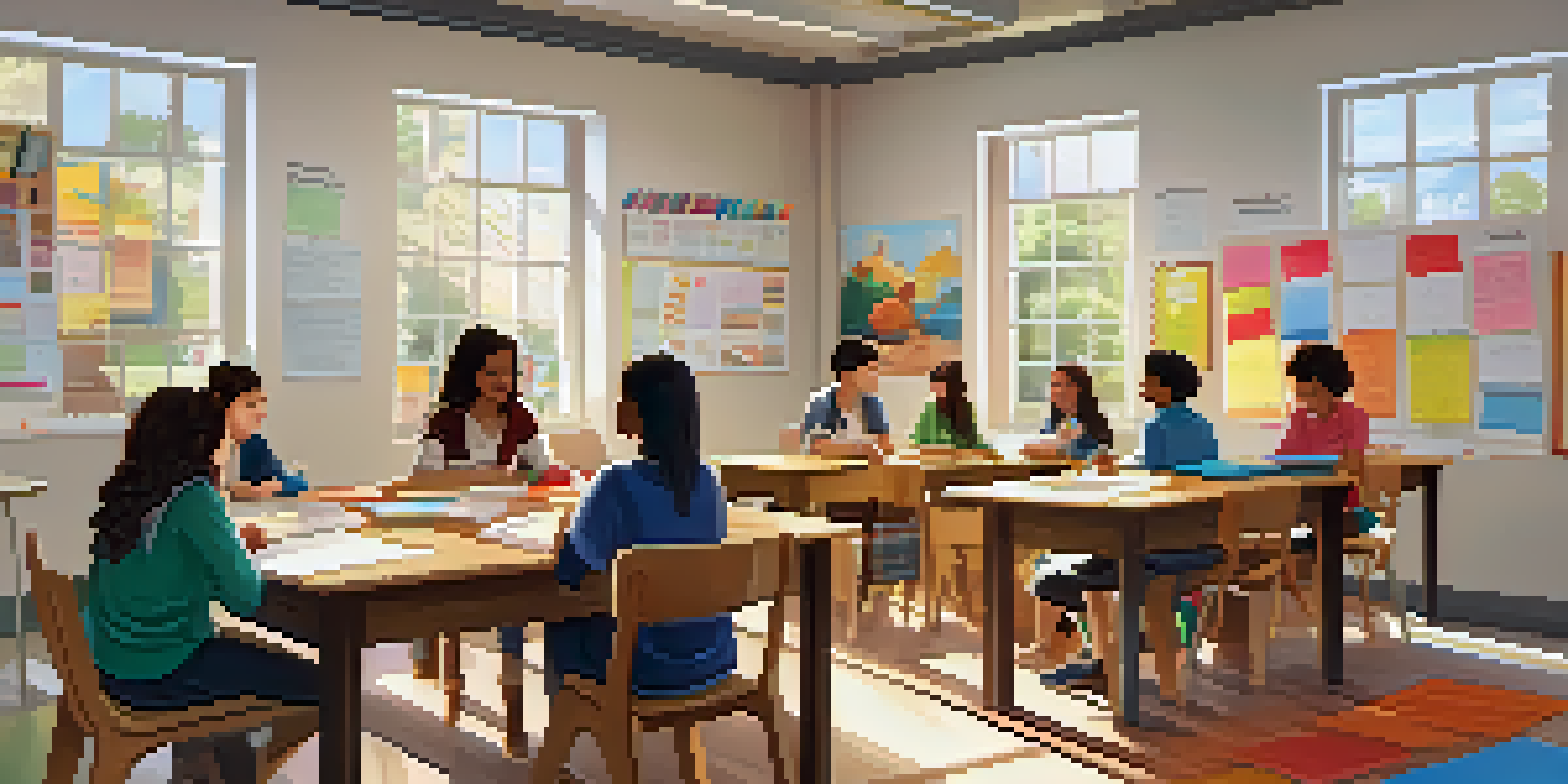 A cheerful classroom filled with students discussing and collaborating around a table, with educational posters on the walls and sunlight pouring in through windows.