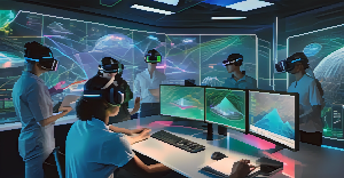 A diverse group of professionals collaborating in a virtual reality workspace, interacting with 3D holographic data visualizations.