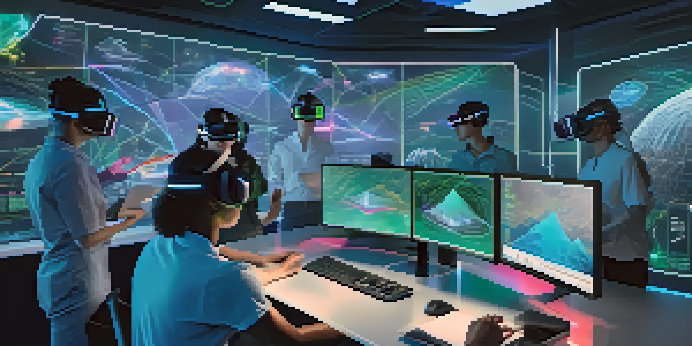 A diverse group of professionals collaborating in a virtual reality workspace, interacting with 3D holographic data visualizations.