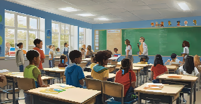 A diverse group of students and teachers in a classroom participating in an emergency drill, showcasing calmness and focus.