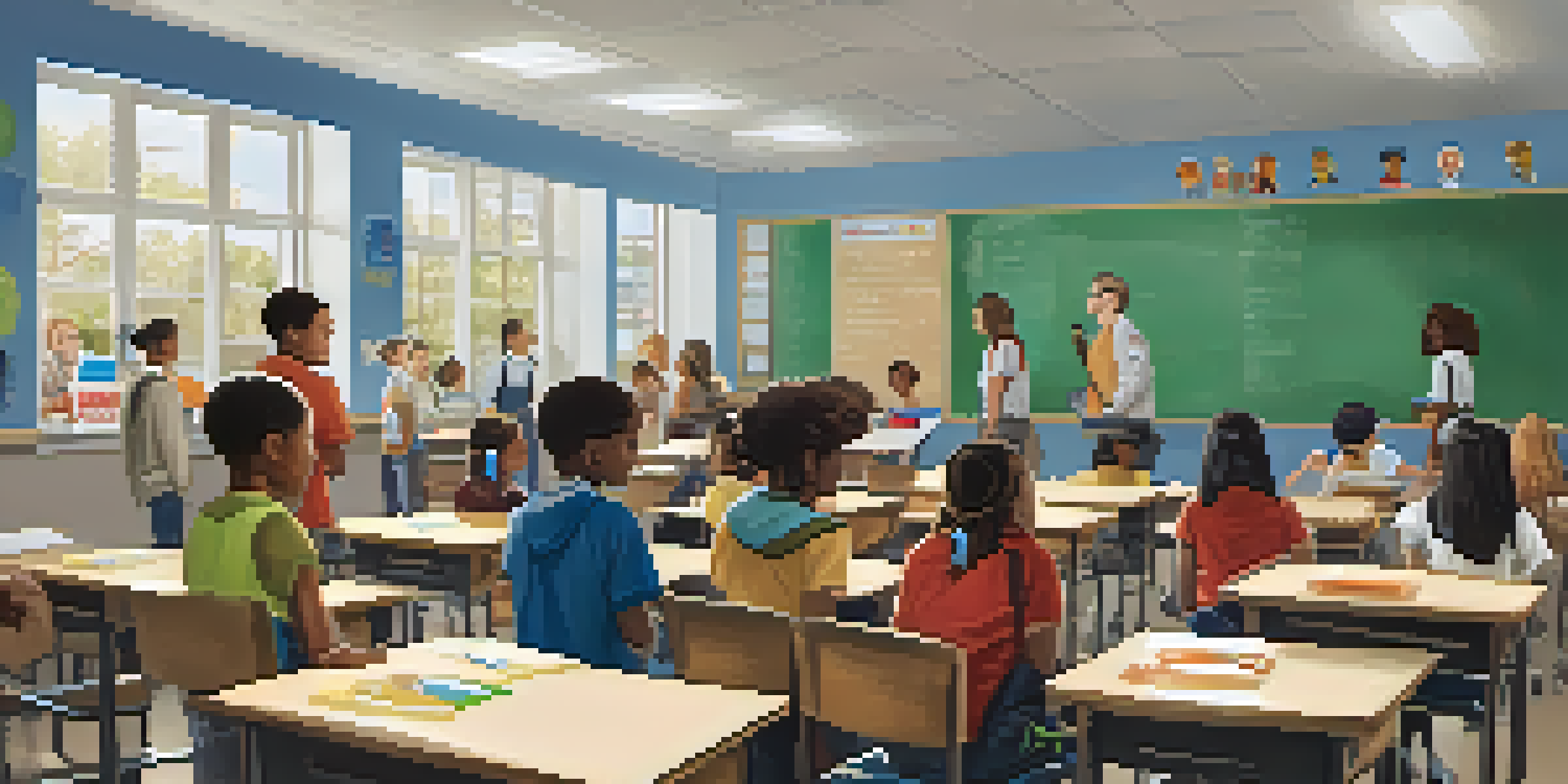 A diverse group of students and teachers in a classroom participating in an emergency drill, showcasing calmness and focus.