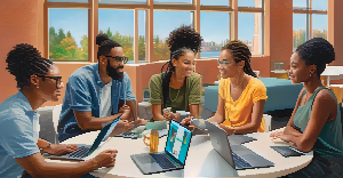 A diverse group of individuals sitting around a table, discussing with laptops and digital devices, in a bright community center.