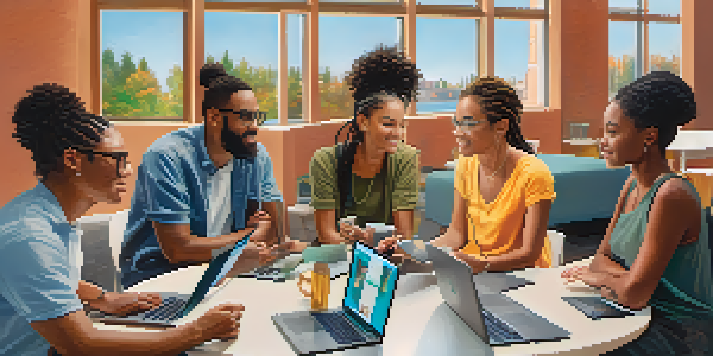 A diverse group of individuals sitting around a table, discussing with laptops and digital devices, in a bright community center.