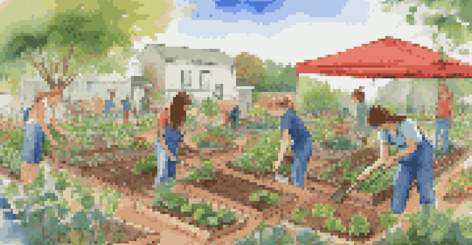 Students working together in a community garden, planting seeds and discussing designs, surrounded by flowers and greenery.