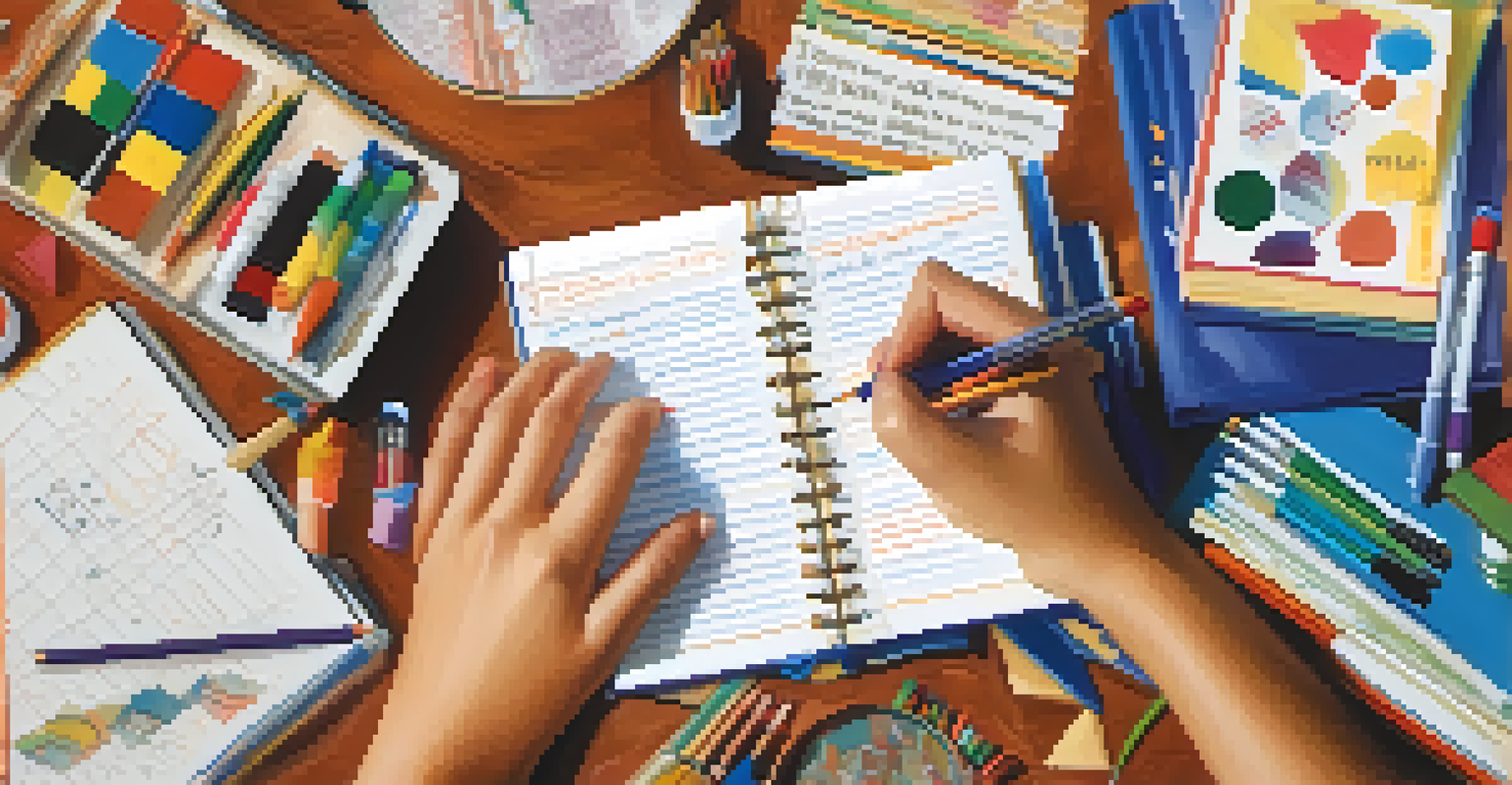 A student's hands writing on a notepad with multicultural books and art supplies in the background, showcasing creativity in learning.