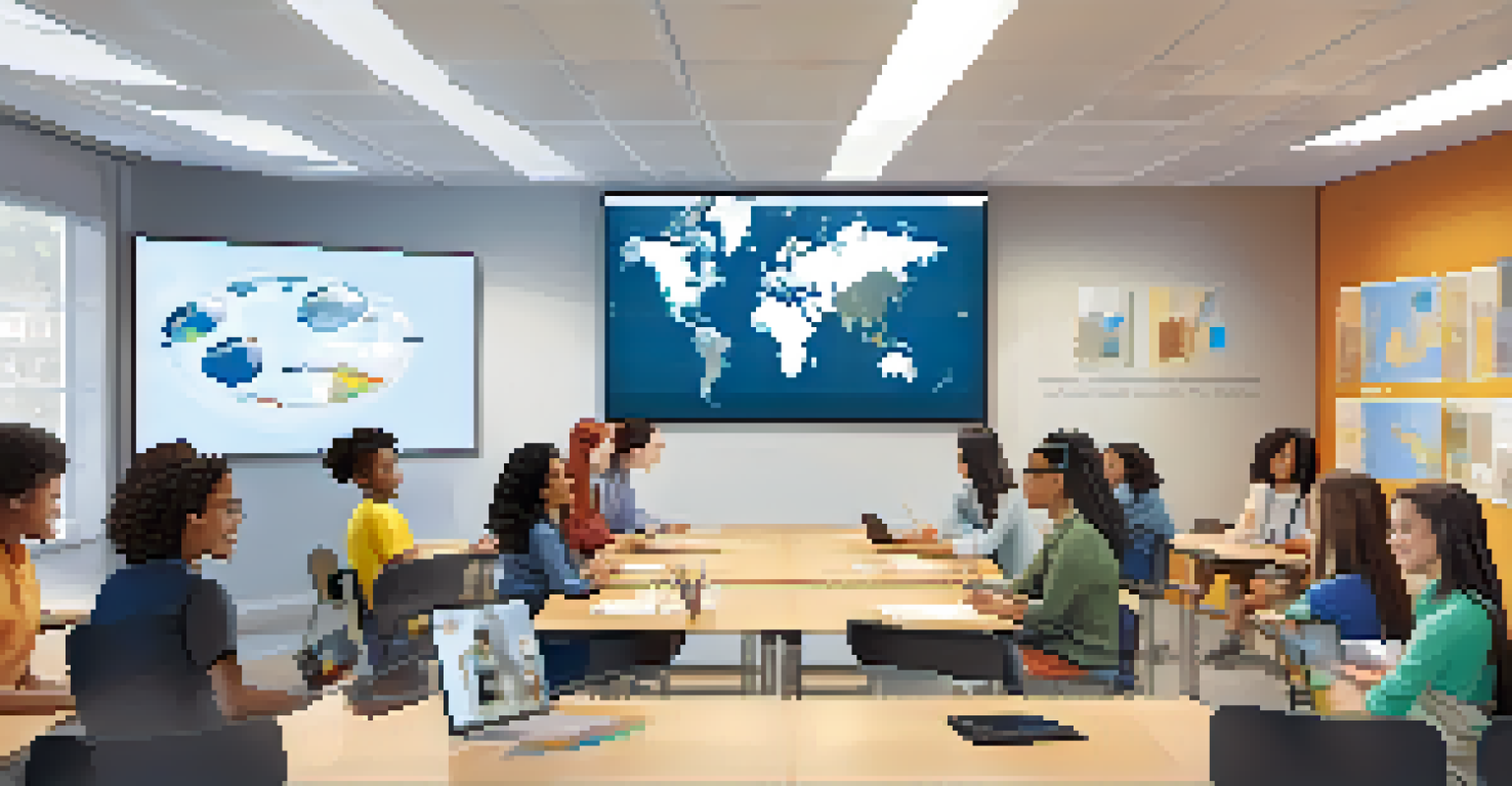 Students engaging in a virtual exchange program, shown on multiple video calls in a modern classroom setting.