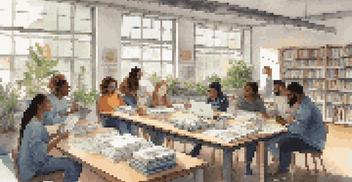 A group of diverse students working together at a table, discussing climate change with various materials spread out in a bright room.