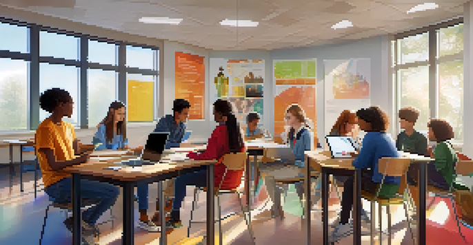 A diverse group of students working together in a bright classroom, with one presenting on a tablet and others discussing, highlighting inclusivity in learning.