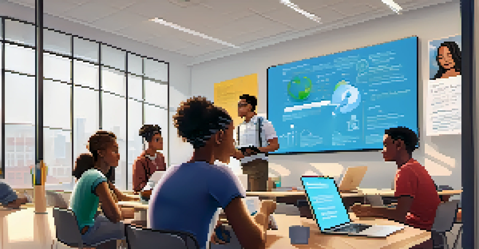 Diverse students collaborating and discussing in a bright, modern classroom setting.
