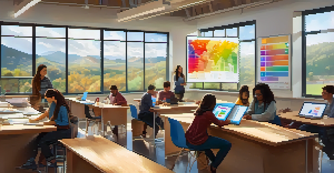 A vibrant classroom with students collaborating on a project, surrounded by colorful learning materials and a screen showing data analytics graphs.