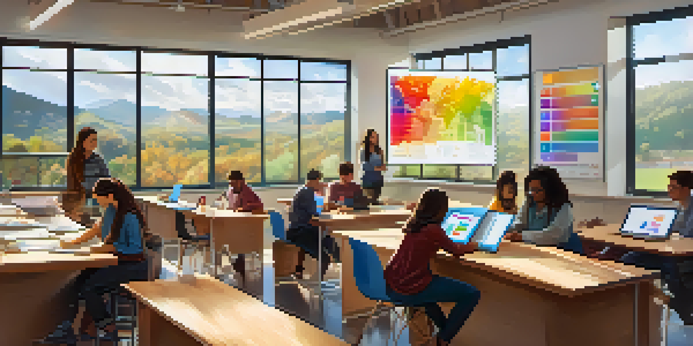 A vibrant classroom with students collaborating on a project, surrounded by colorful learning materials and a screen showing data analytics graphs.