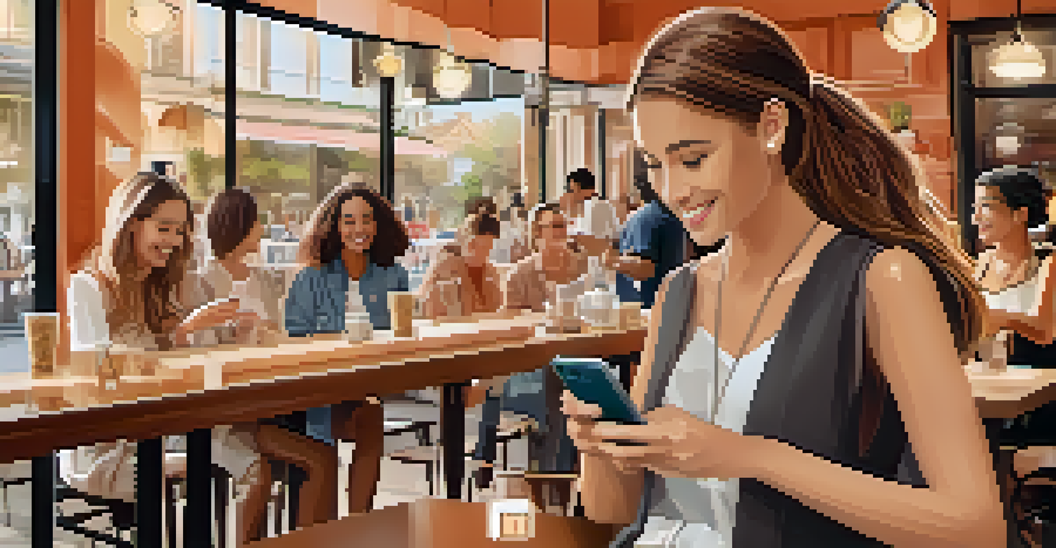 A smartphone displaying positive social media interactions in a vibrant café setting.