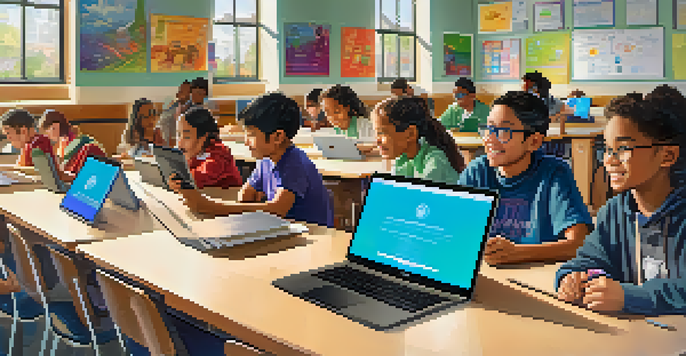 A diverse group of students engaged in a digital literacy workshop in a bright classroom filled with technology.