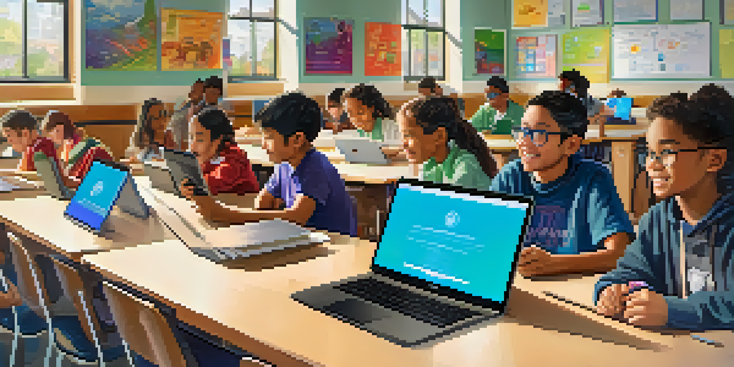 A diverse group of students engaged in a digital literacy workshop in a bright classroom filled with technology.