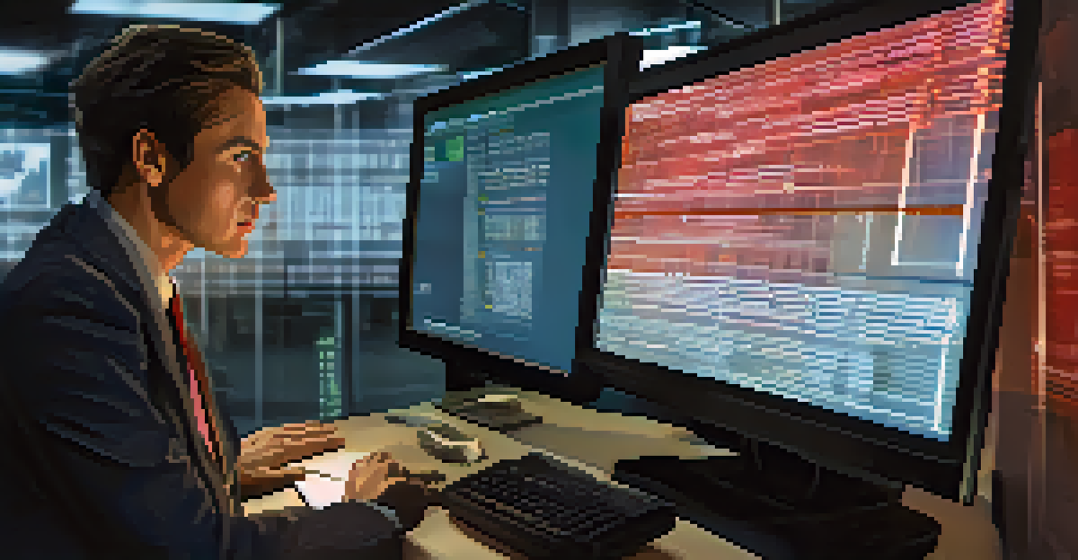 Close-up of an employee's concerned face illuminated by a computer screen displaying a warning message about a potential data breach.